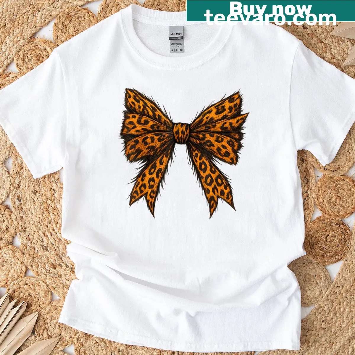 Cute pumpkin shirt with leopard print and bow illustration. — on a men's t-shirt