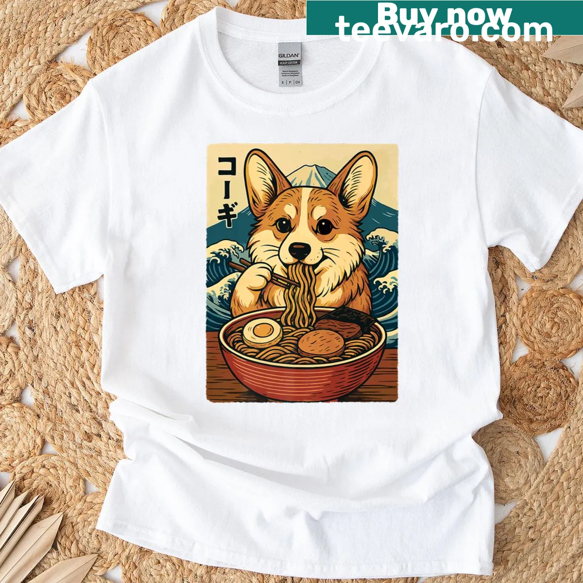 Cartoon T-shirt of a corgi enjoying a bowl of ramen — on a men's t-shirt