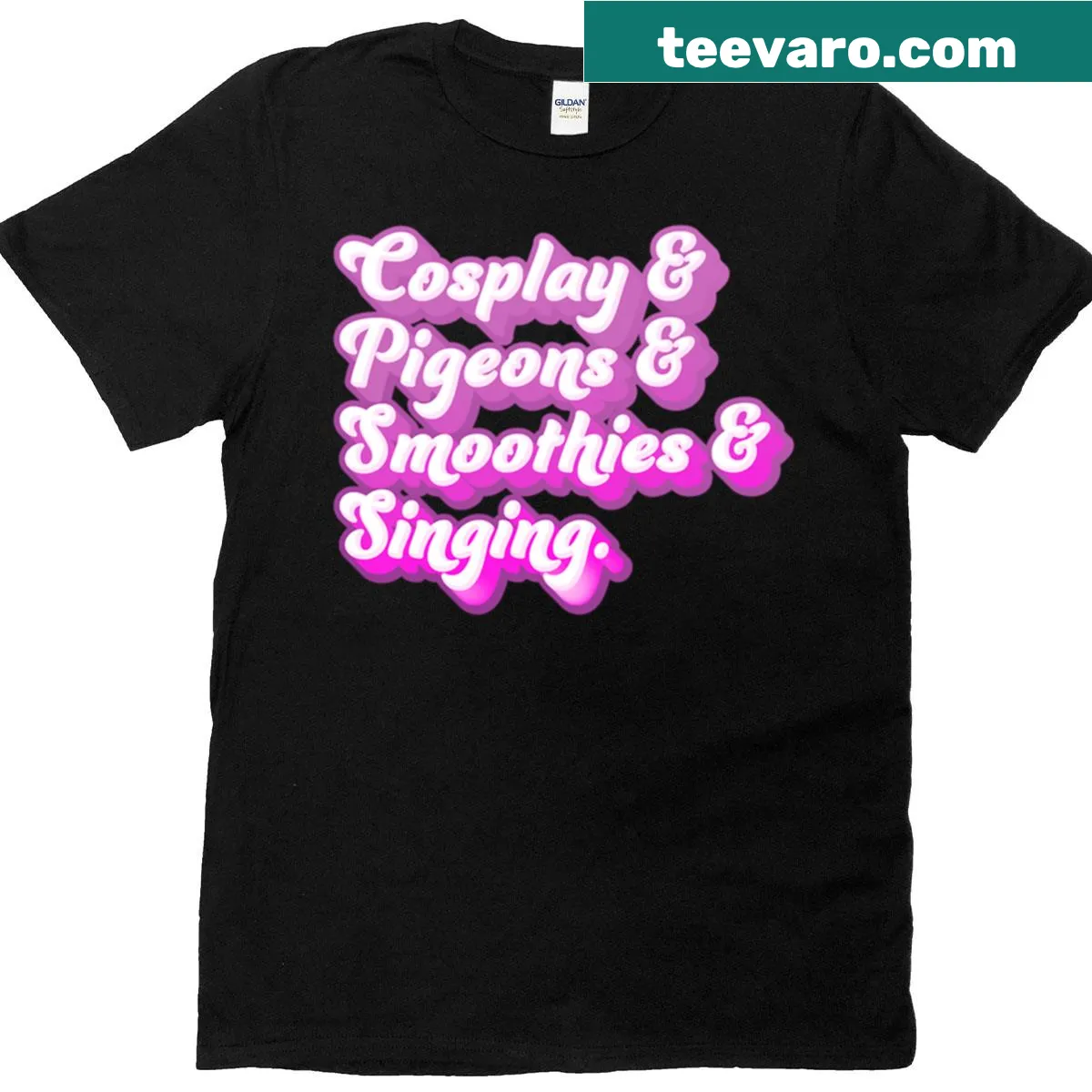 Cartoon T-shirt featuring singing pigeons in cosplay costumes enjoying smoothies — on a men's t-shirt