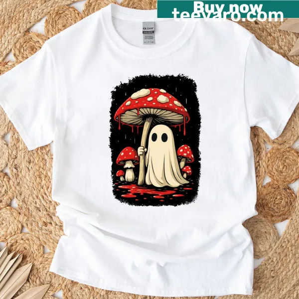 Cottagecore T-shirt featuring ghost mushrooms for Halloween