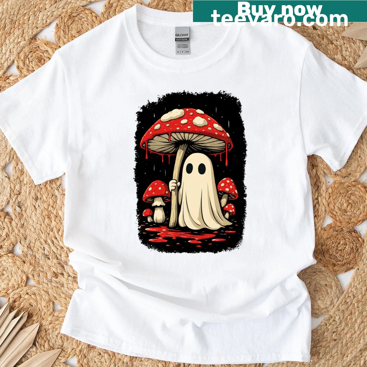 Cottagecore T-shirt featuring ghost mushrooms for Halloween — on a men's t-shirt