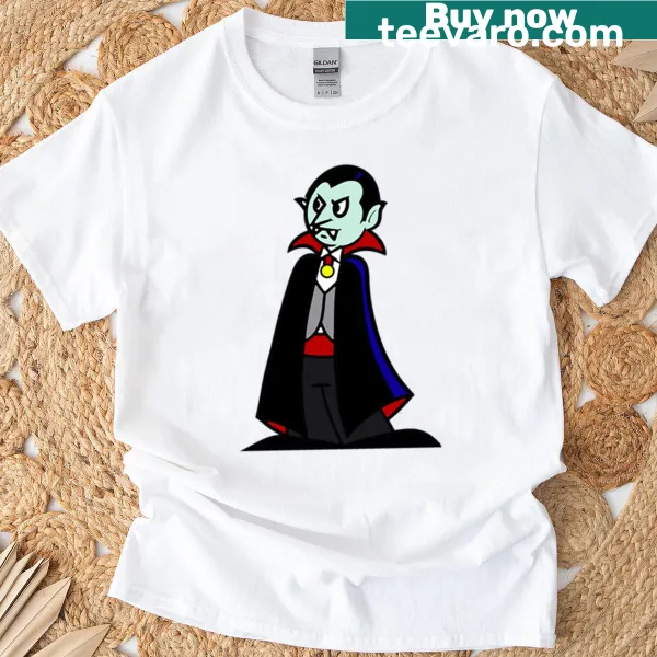 Illustrated Count Dracula on an oversized t-shirt.