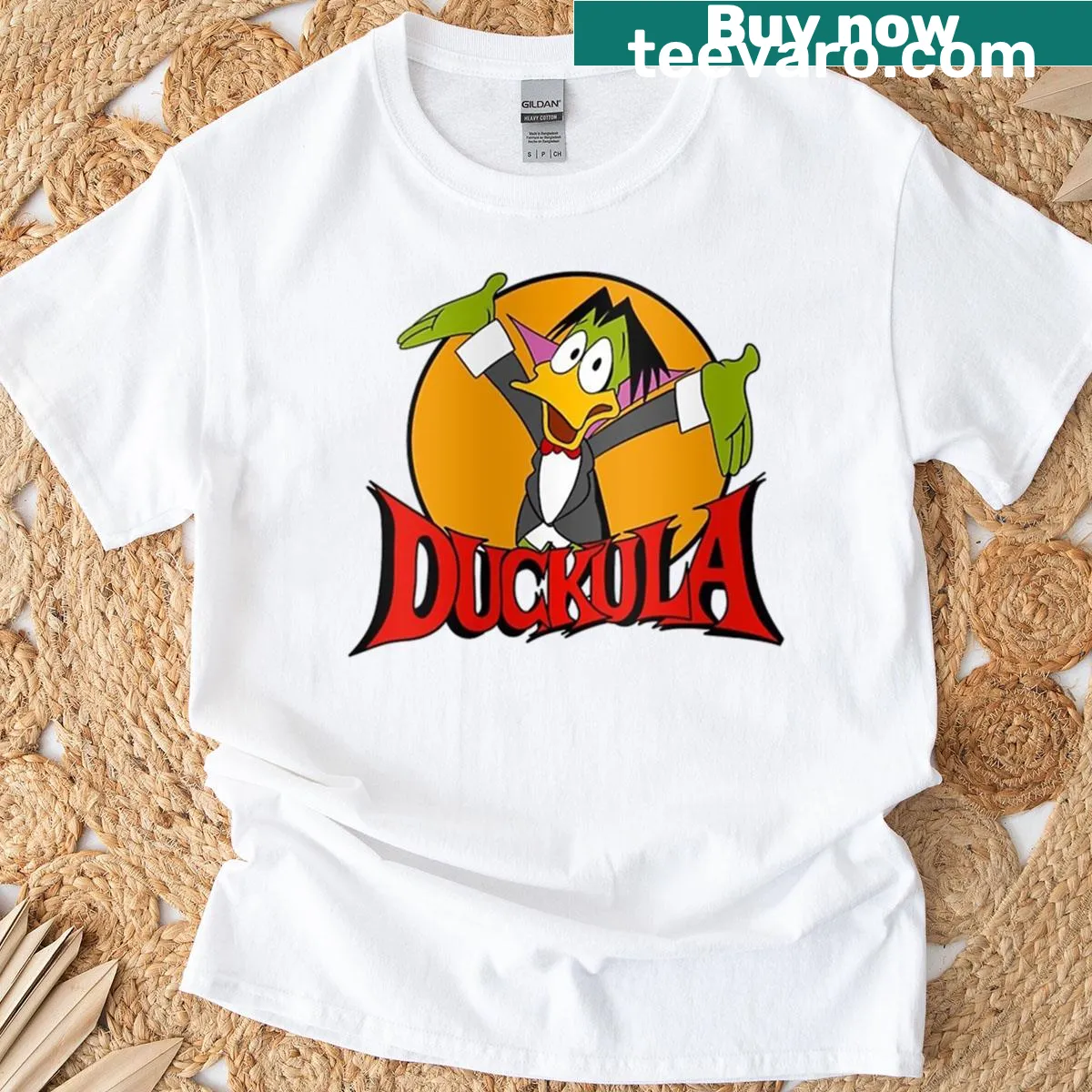 Illustrated T-shirt featuring Count Duckula character design — on a men's t-shirt