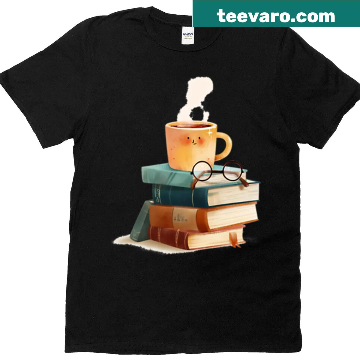 Kawaii bookworm T-shirt with tea and book illustrations — on a men's t-shirt