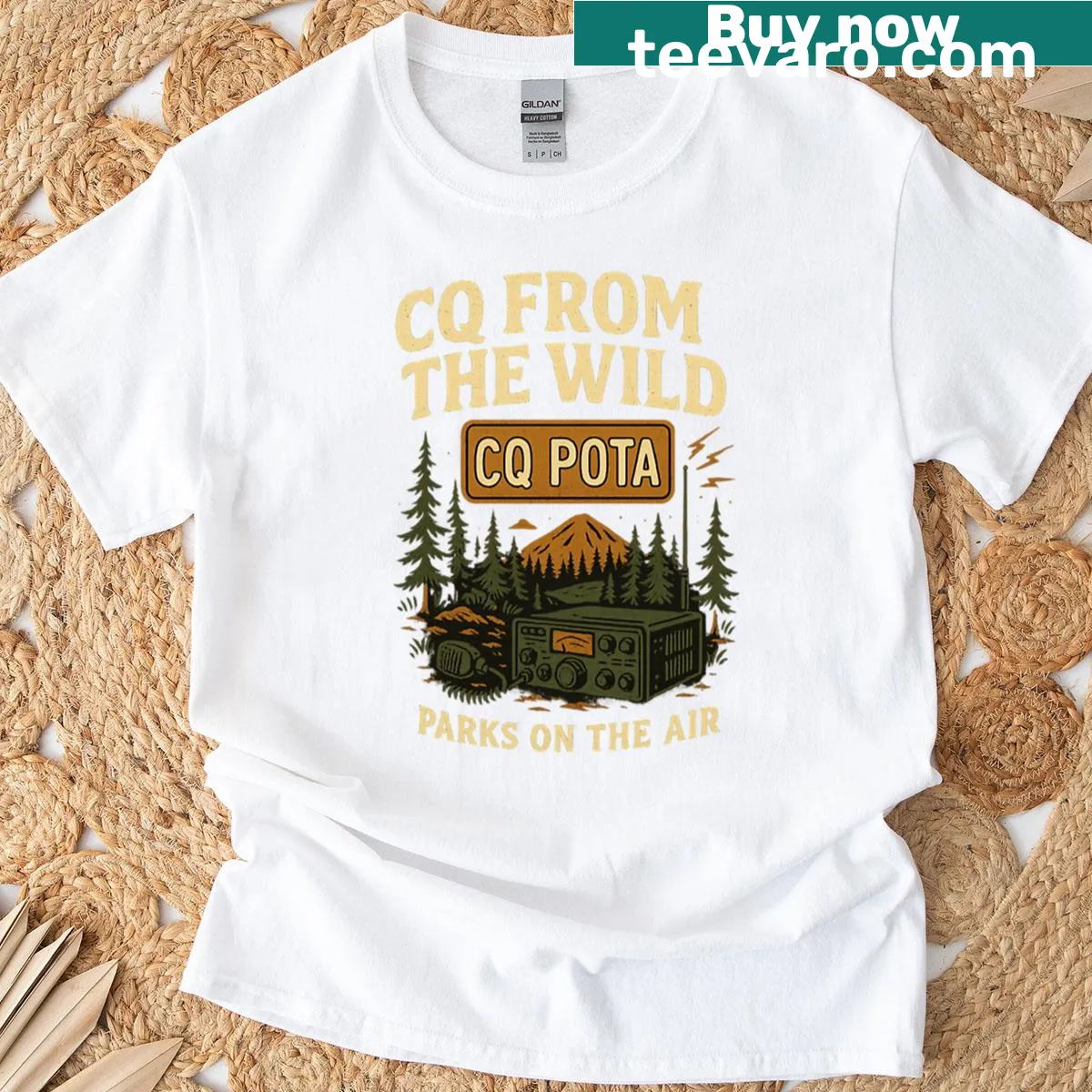 T-shirt with 'CQ From The Wild Parks On The Air' in minimalist typography — on a men's t-shirt