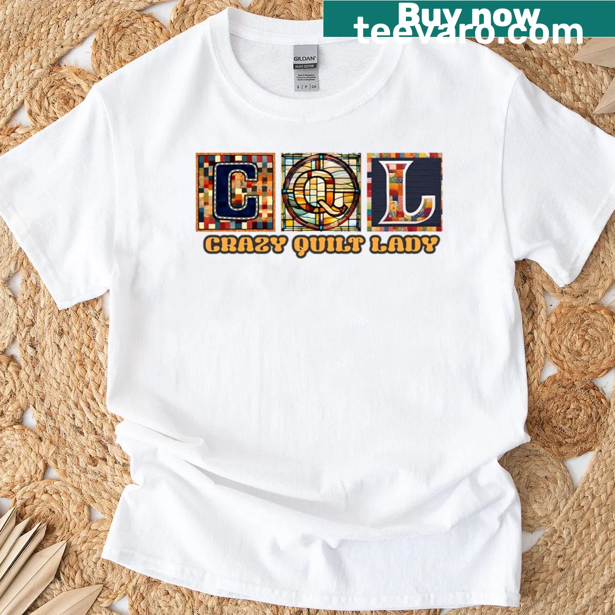 Vintage-style T-shirt for quilters featuring a stained glass monogram — on a men's t-shirt