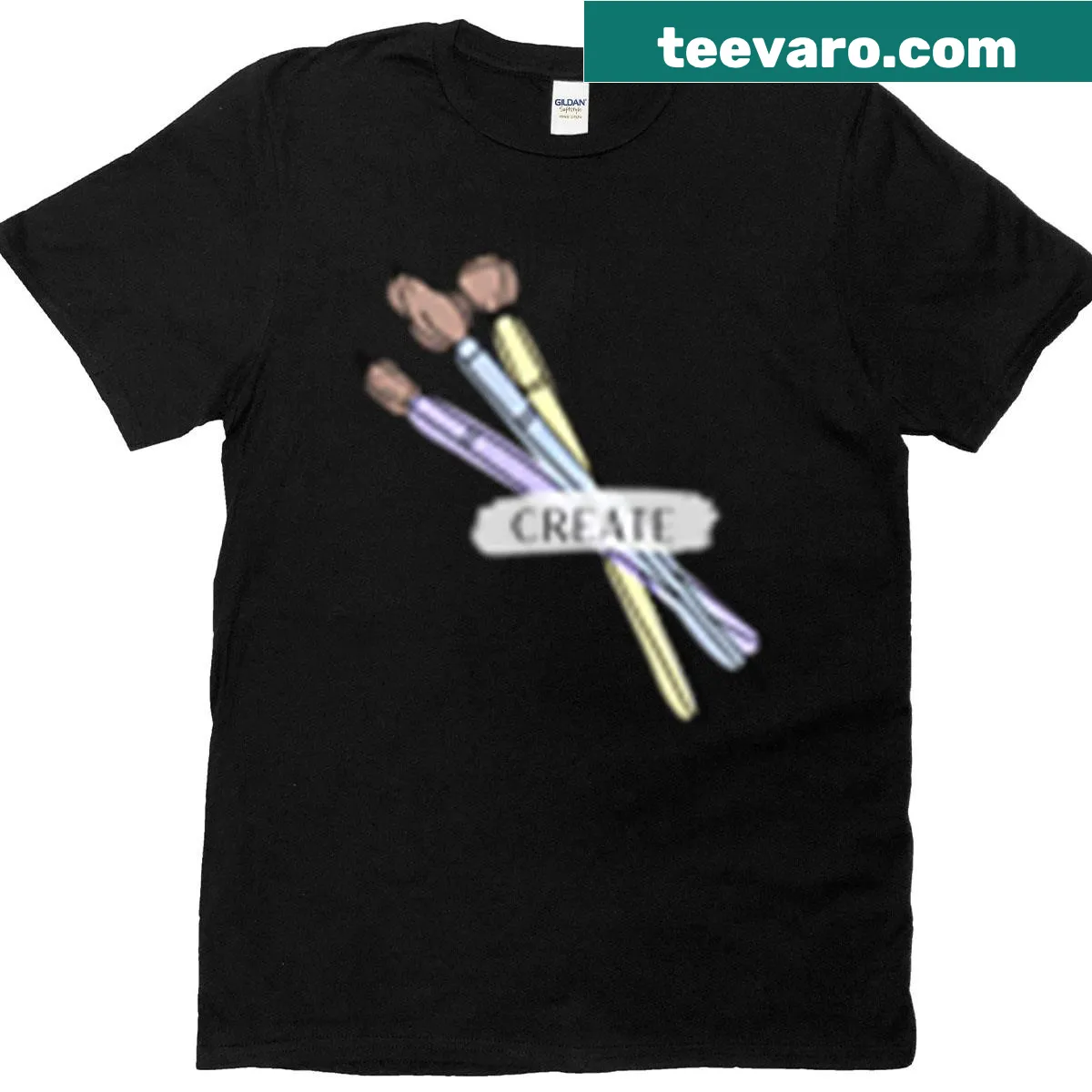 Design featuring paintbrushes and creativity-themed text — on a men's t-shirt