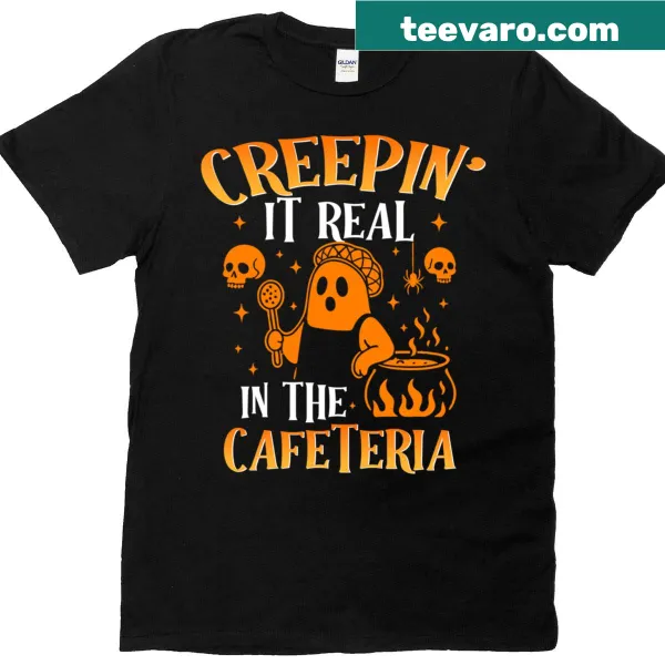 Cartoon ghost graphic with 'Creepin It Real' text on t-shirt