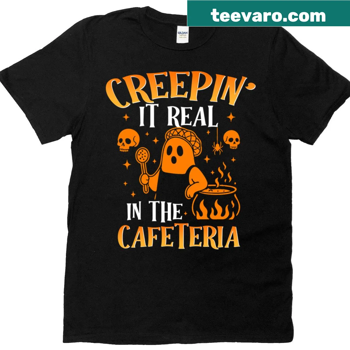 Cartoon ghost graphic with 'Creepin It Real' text on t-shirt — on a men's t-shirt