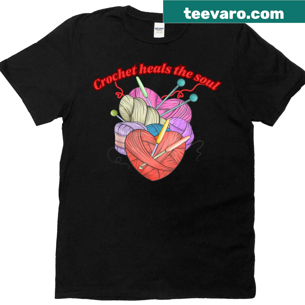 Quote T-shirt stating 'Crochet Heals The Soul' in a hand-lettered design — on a men's t-shirt