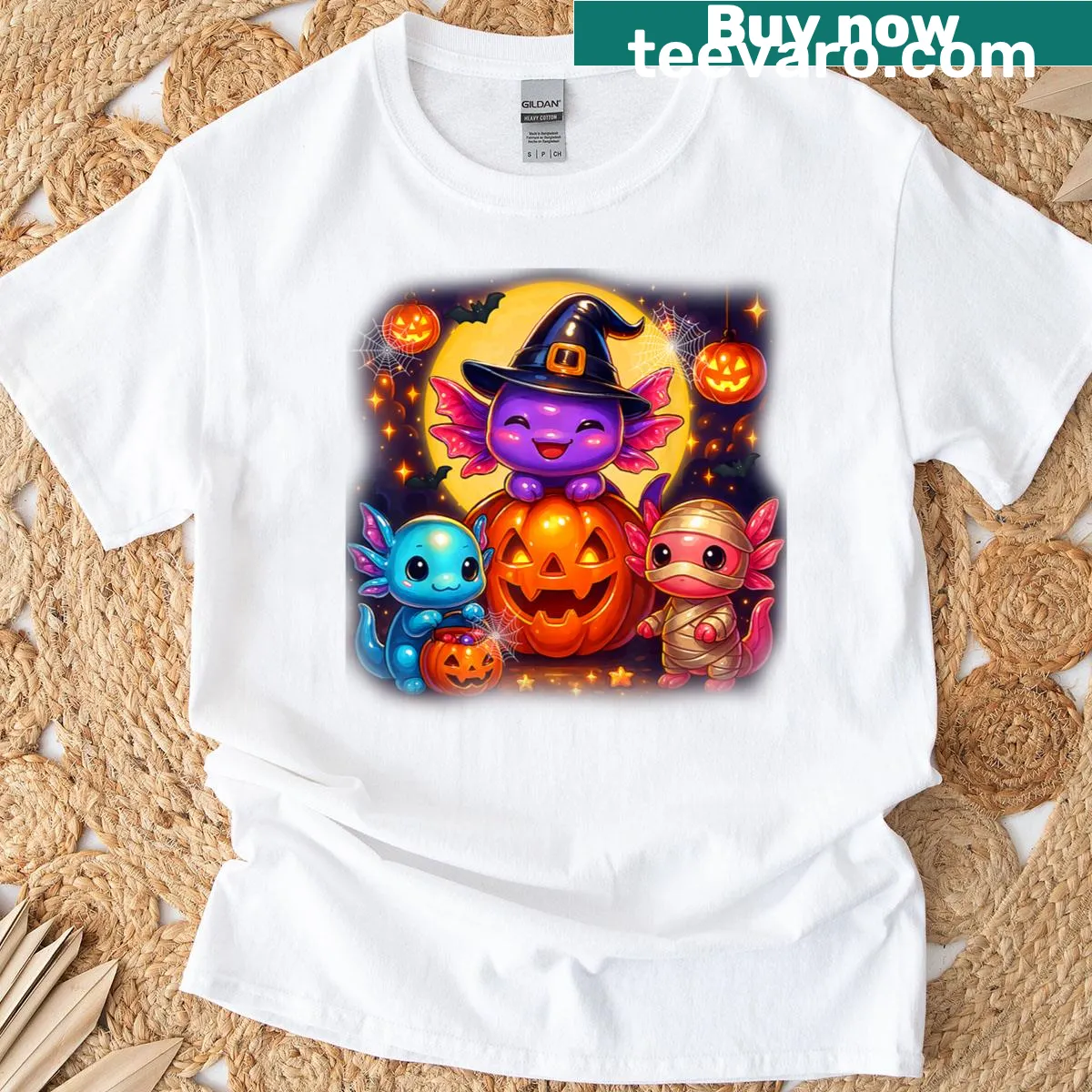 Adorable axolotl Jack O' Lantern Halloween graphic — on a men's t-shirt