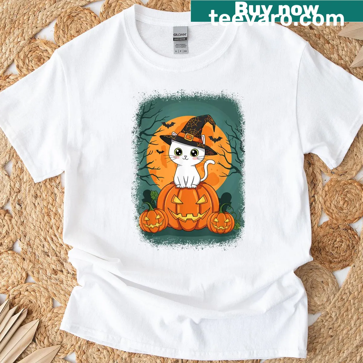Vintage-style Halloween shirt featuring a cute cat and pumpkin design — on a men's t-shirt
