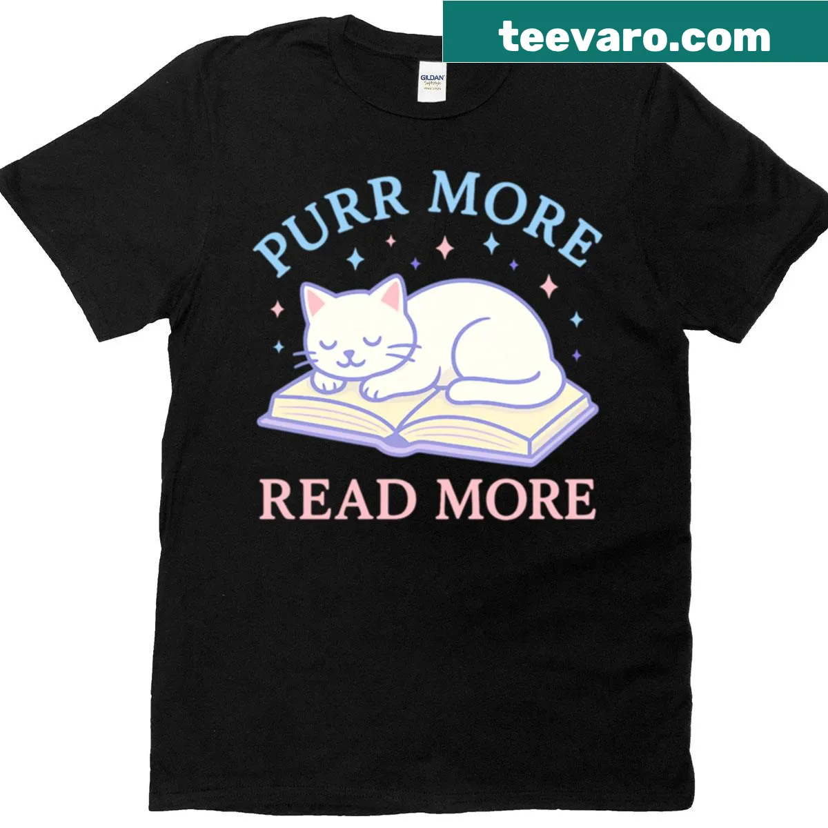 Illustration of a cat with books and text — on a men's t-shirt