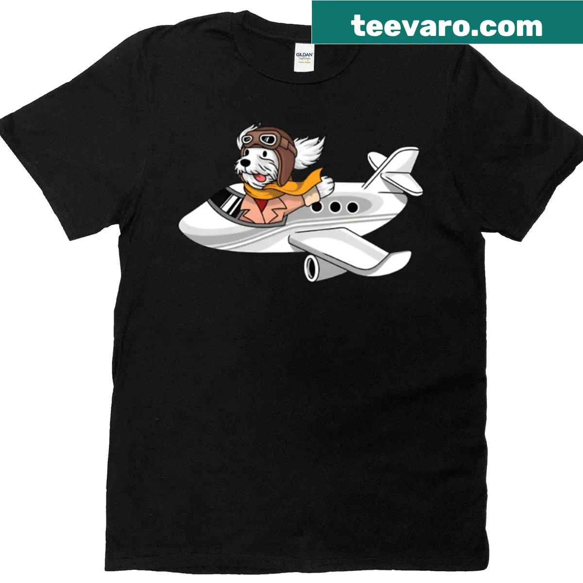 Cartoon dog flying in an airplane graphic on a T-shirt — on a men's t-shirt
