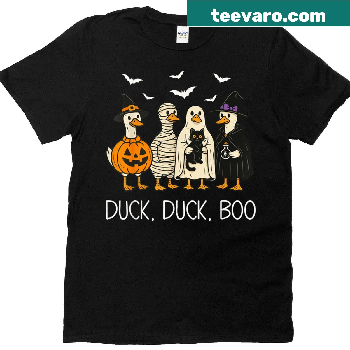 Funny Halloween shirt with ducks and a spooky goose — on a men's t-shirt
