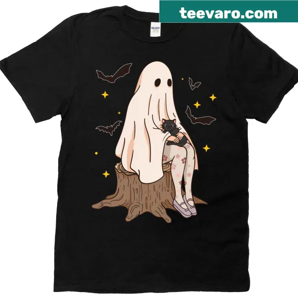 Whimsical Halloween T-shirt featuring a black cat and ghost