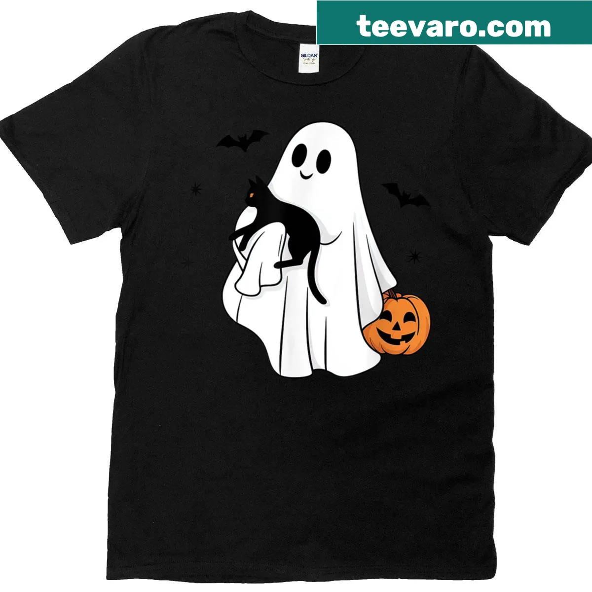 Kawaii Halloween shirt with a cute ghost and cat graphic — on a men's t-shirt