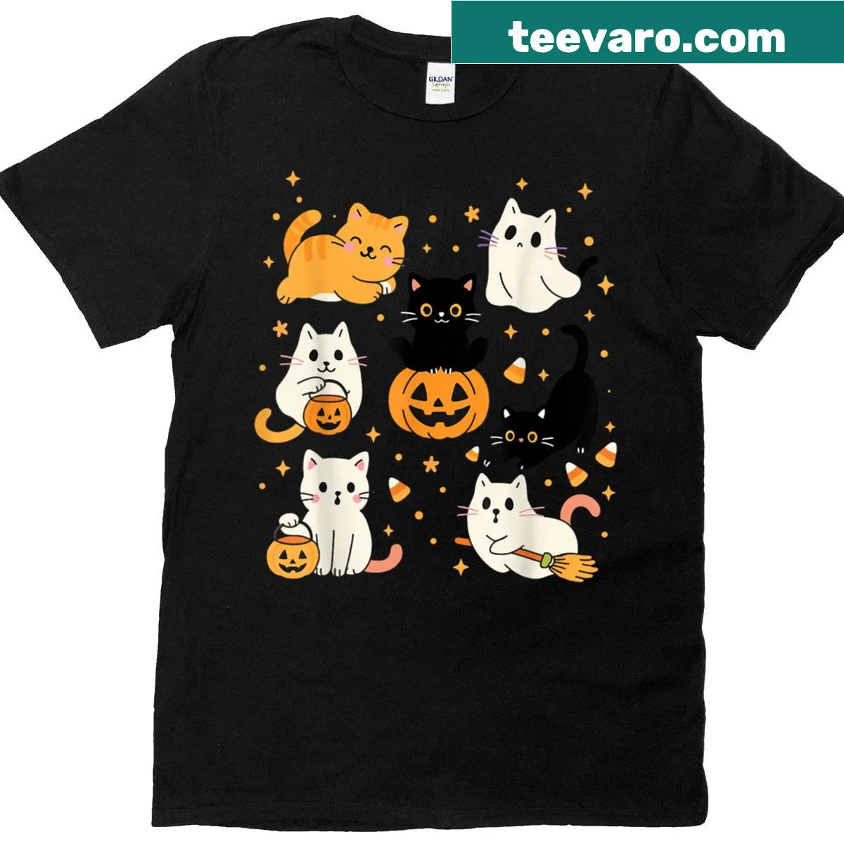 Cute ghost and black cat cartoon graphic for Halloween — on a men's t-shirt