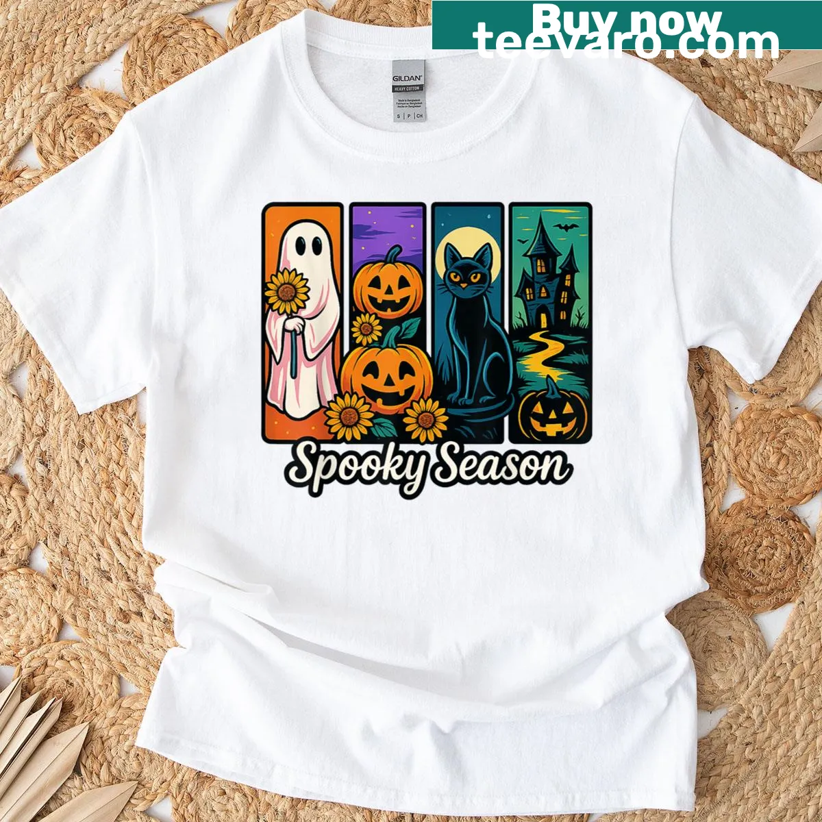 Cute ghost with black cat and pumpkin graphic — on a men's t-shirt