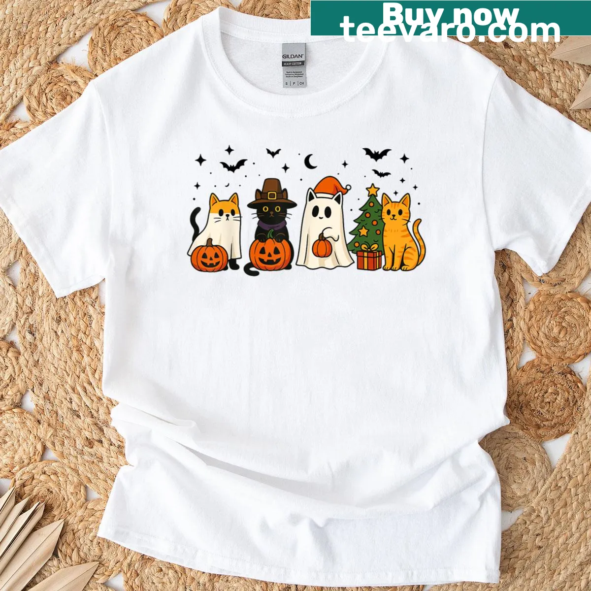 Cute ghosts and black cats Halloween design on a T-shirt — on a men's t-shirt