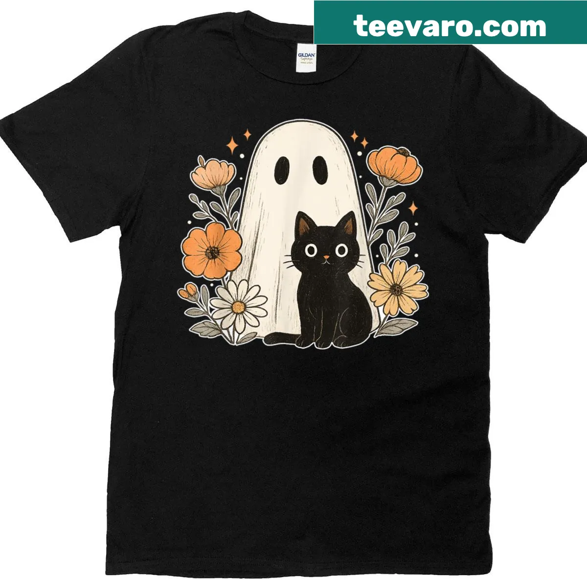 Ghost cat graphic surrounded by flowers for Halloween — on a men's t-shirt