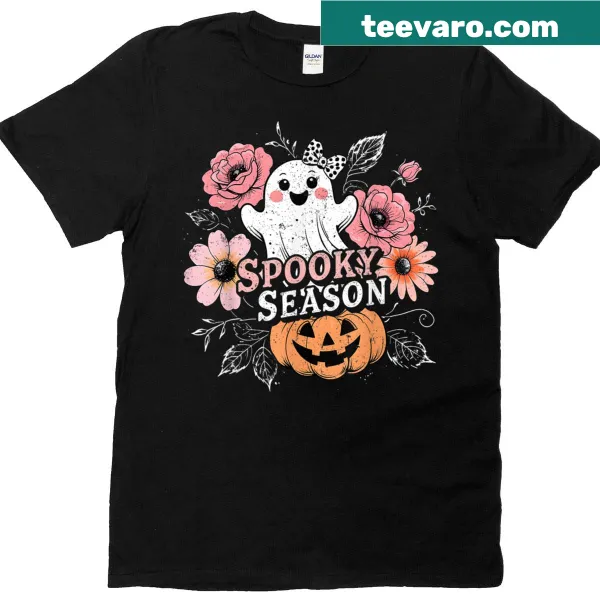 Cute ghost and pumpkin with floral accents for Halloween