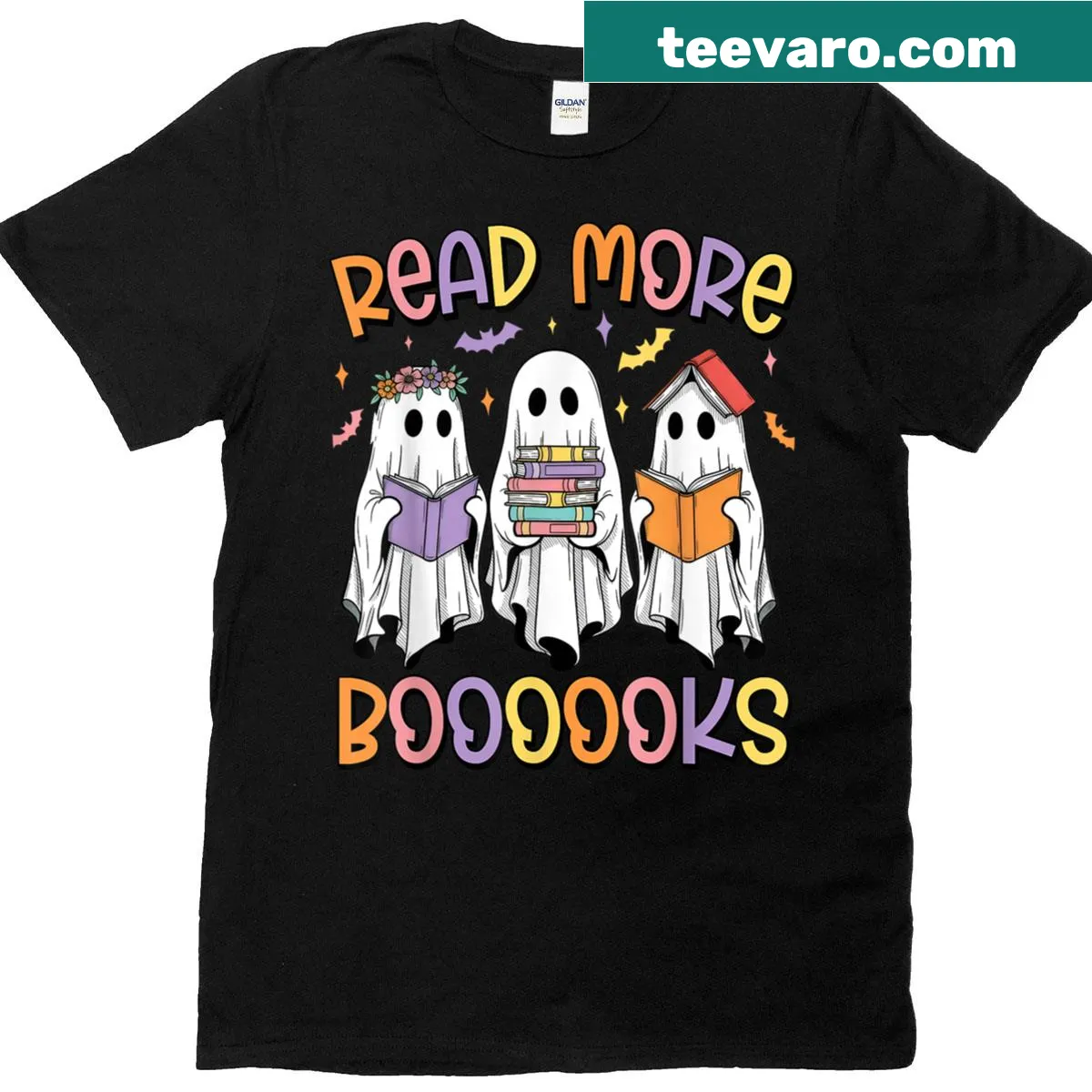 Cute ghost illustration with a book and text — on a men's t-shirt