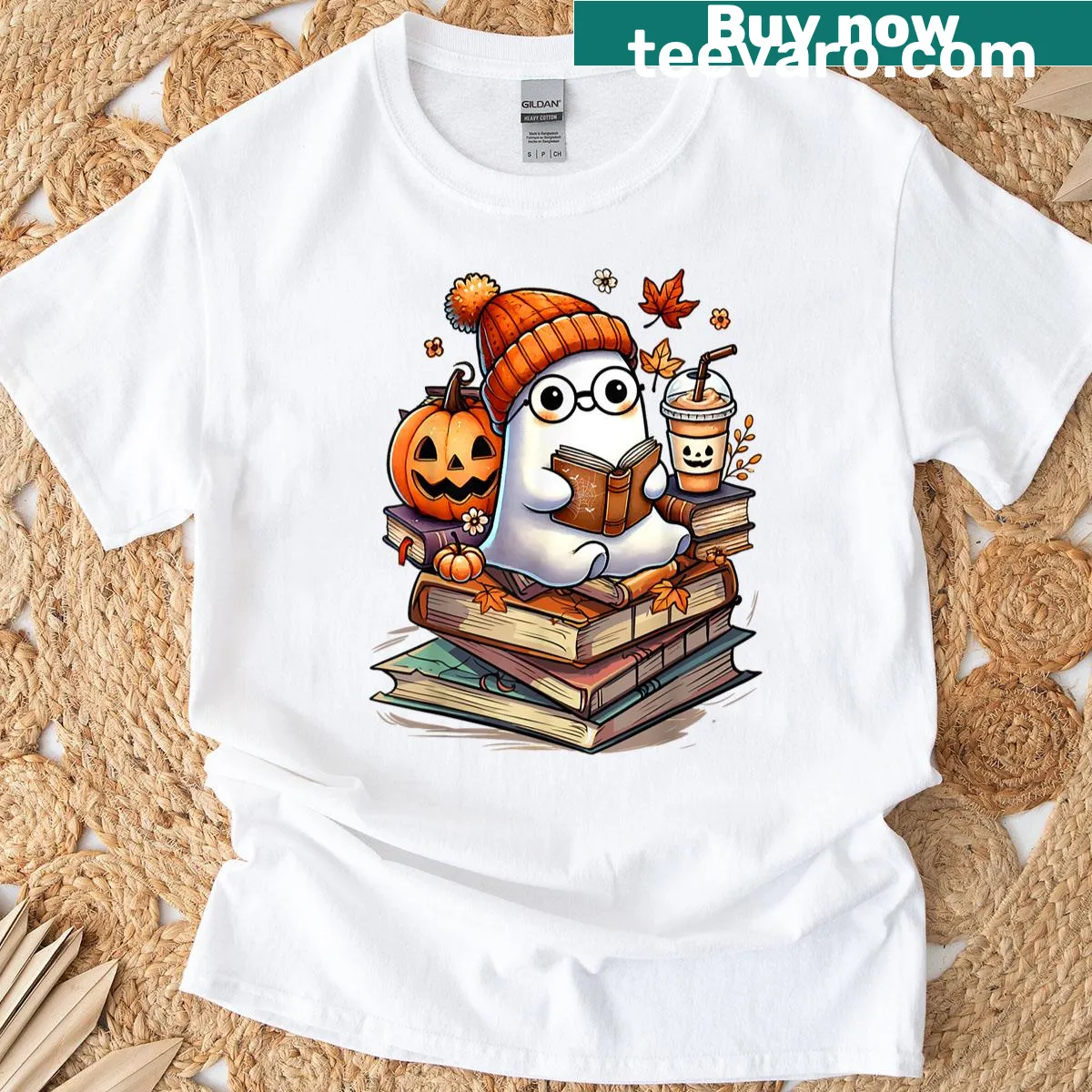 Whimsical ghost holding a book design for Halloween lovers — on a men's t-shirt