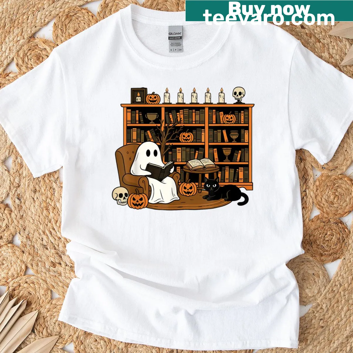 Cute ghost with a book and cat graphic — on a men's t-shirt