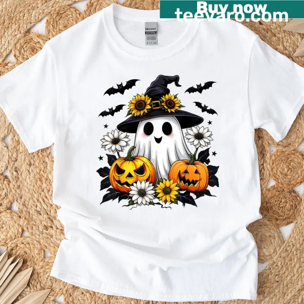 Cute Halloween t-shirt featuring a ghost, sunflower, pumpkin, and witch hat