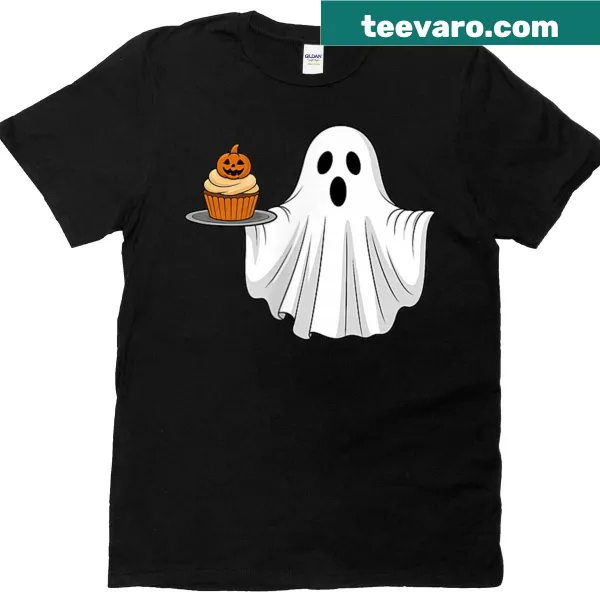 Cute ghost holding a pumpkin cupcake in a pocket design