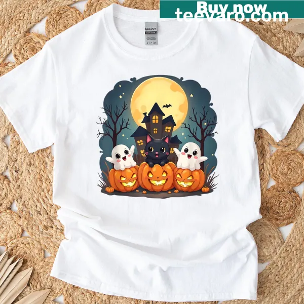 Cute Halloween shirt with haunted house, ghosts, and black cat