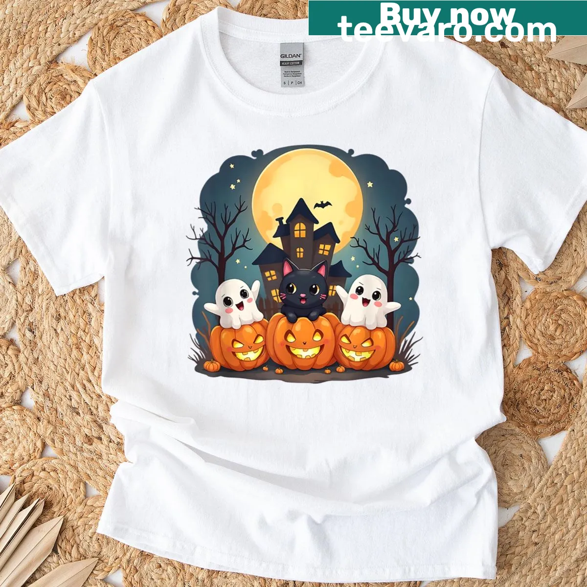 Cute Halloween shirt with haunted house, ghosts, and black cat — on a men's t-shirt