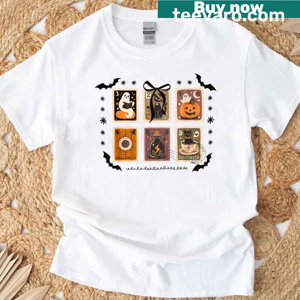 Illustration of a ghost cat and pumpkin in a postage stamp style on a T-shirt