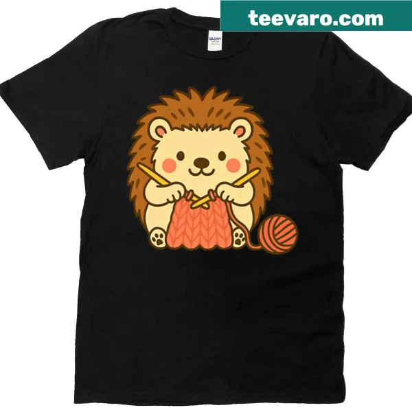 Adorable hedgehog with knitting tools on a t-shirt design