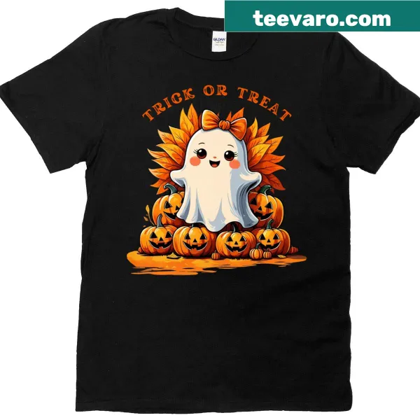 Kawaii ghost with pumpkins and Boo or Treat text for Halloween