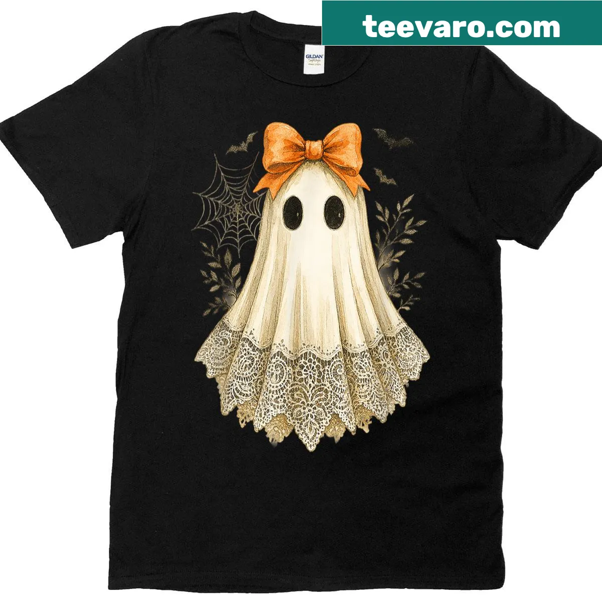 Cute floral ghost design with lace bow for Halloween — on a men's t-shirt