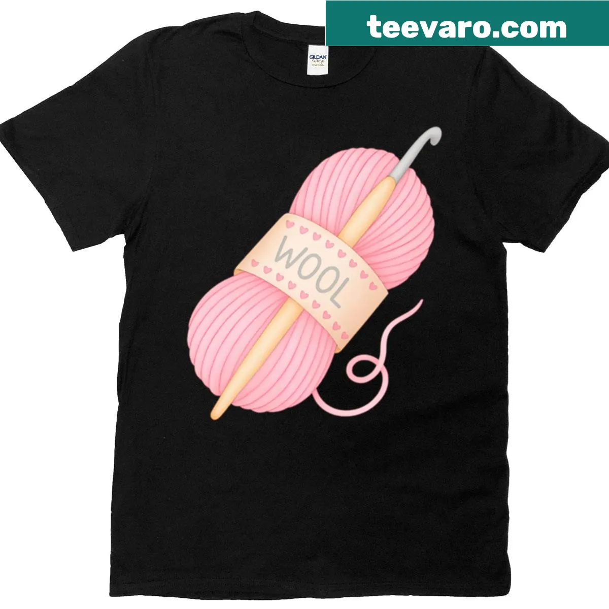 Illustrative design of pink yarn and crochet hook on a crafting t-shirt — on a men's t-shirt