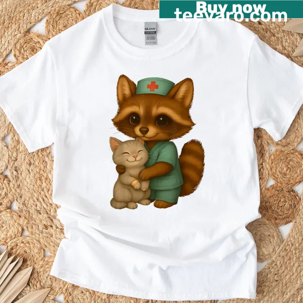 Illustration of a raccoon nurse hugging a happy cat on a T-shirt
