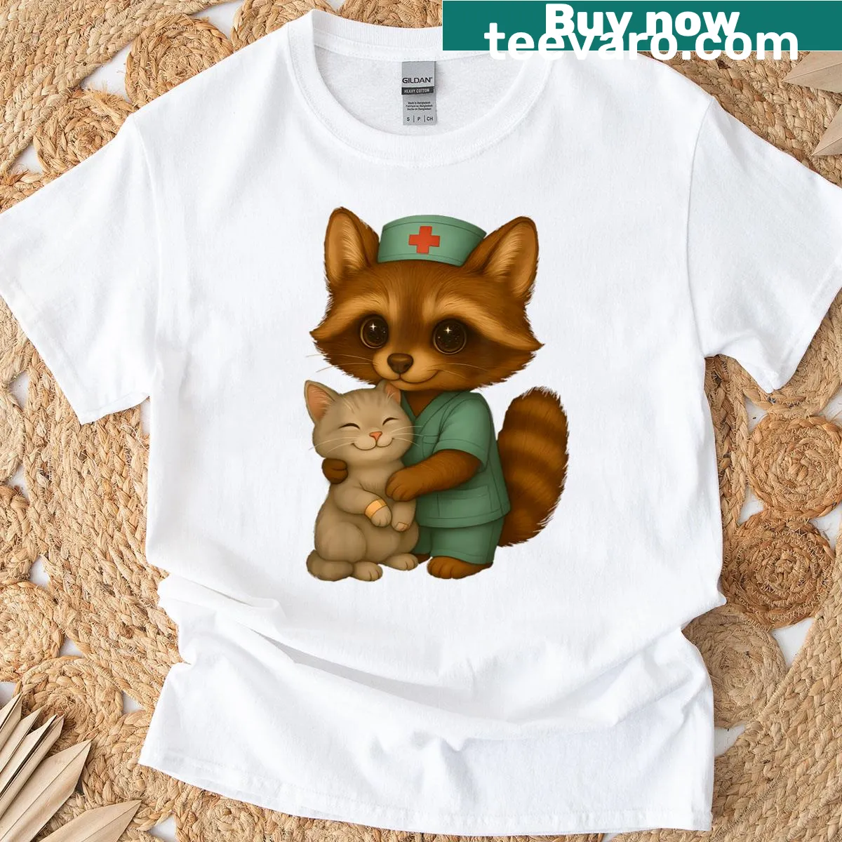 Illustration of a raccoon nurse hugging a happy cat on a T-shirt — on a men's t-shirt