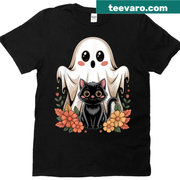 Retro ghost and black cat Halloween shirt with floral design