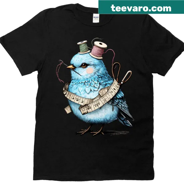 Illustrative T-shirt of sewing notions and a bird graphic