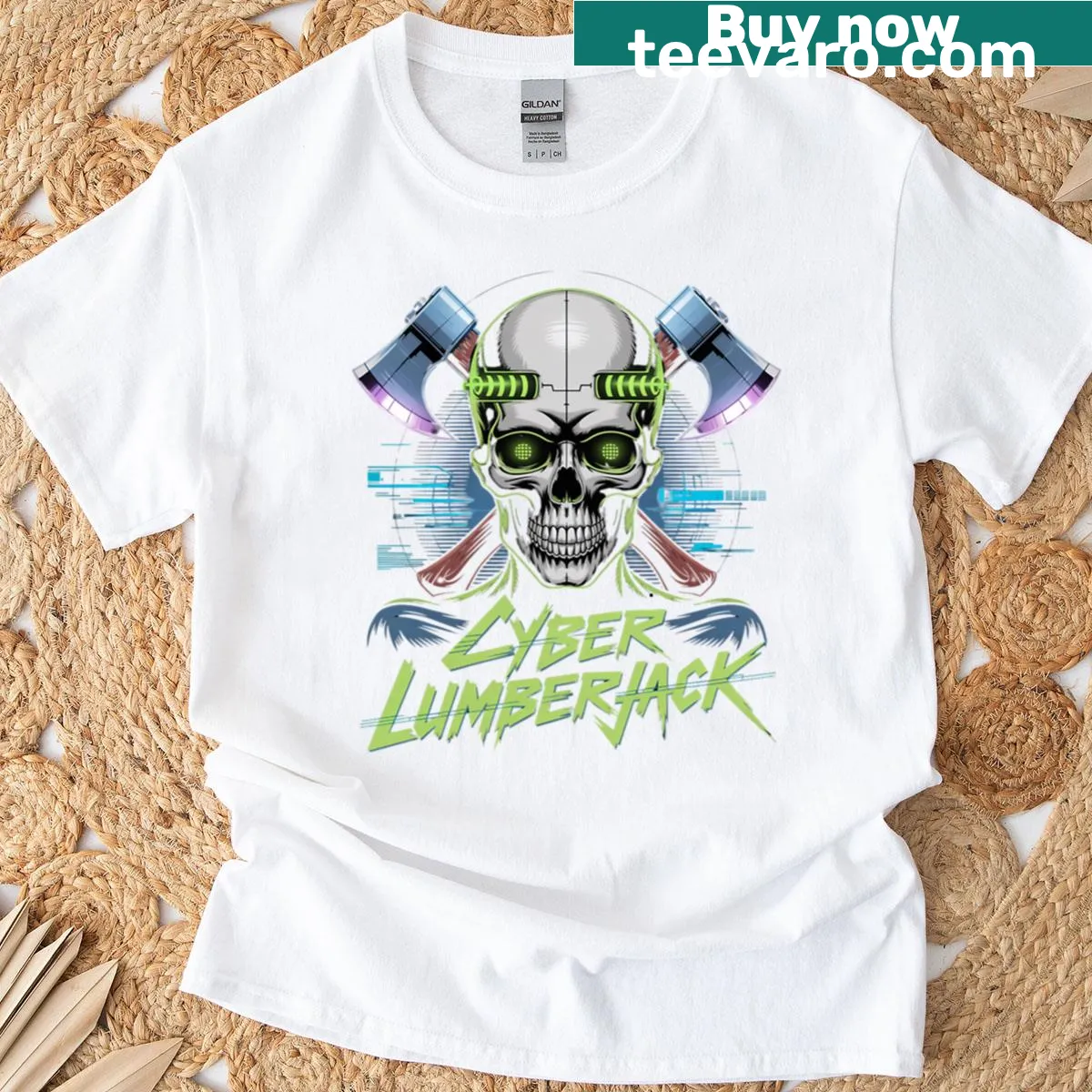 Skull t-shirt featuring lumberjack elements and cyber design — on a men's t-shirt