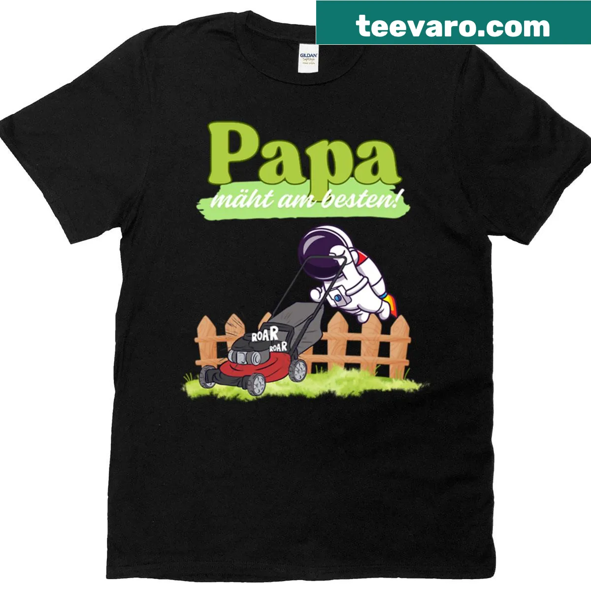 Badge-style t-shirt design featuring an astronaut and lawnmower for dads — on a men's t-shirt