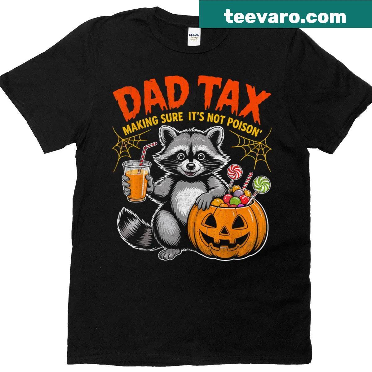 Funny raccoon Halloween shirt with pumpkins and candy — on a men's t-shirt