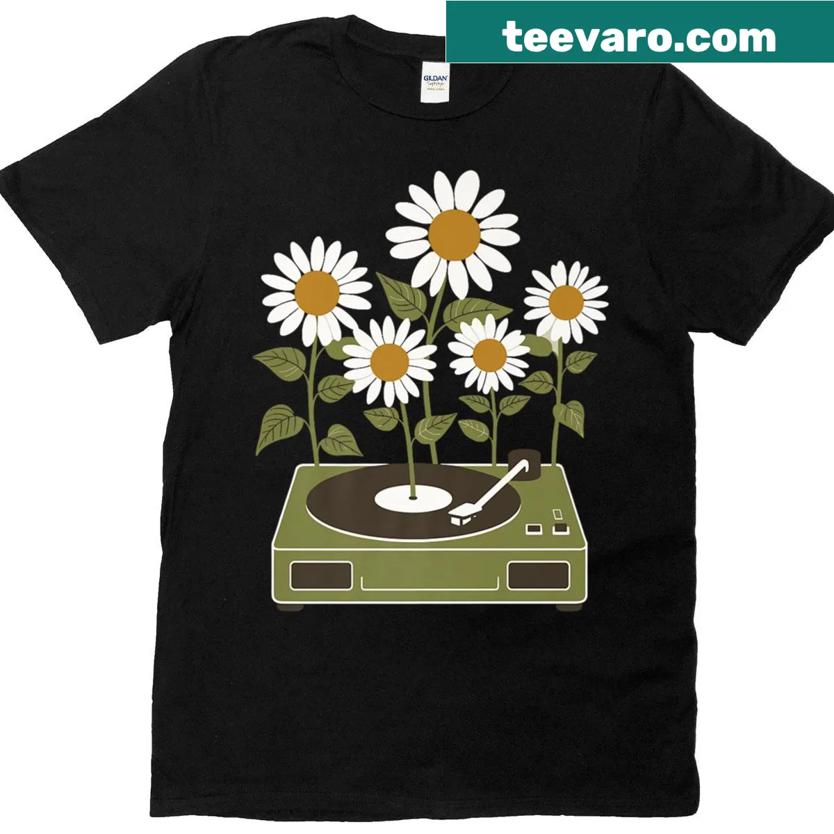 Retro record player with daisy design t-shirt — on a men's t-shirt