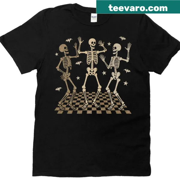 Whimsical graphic of dancing skeletons on Halloween t-shirt