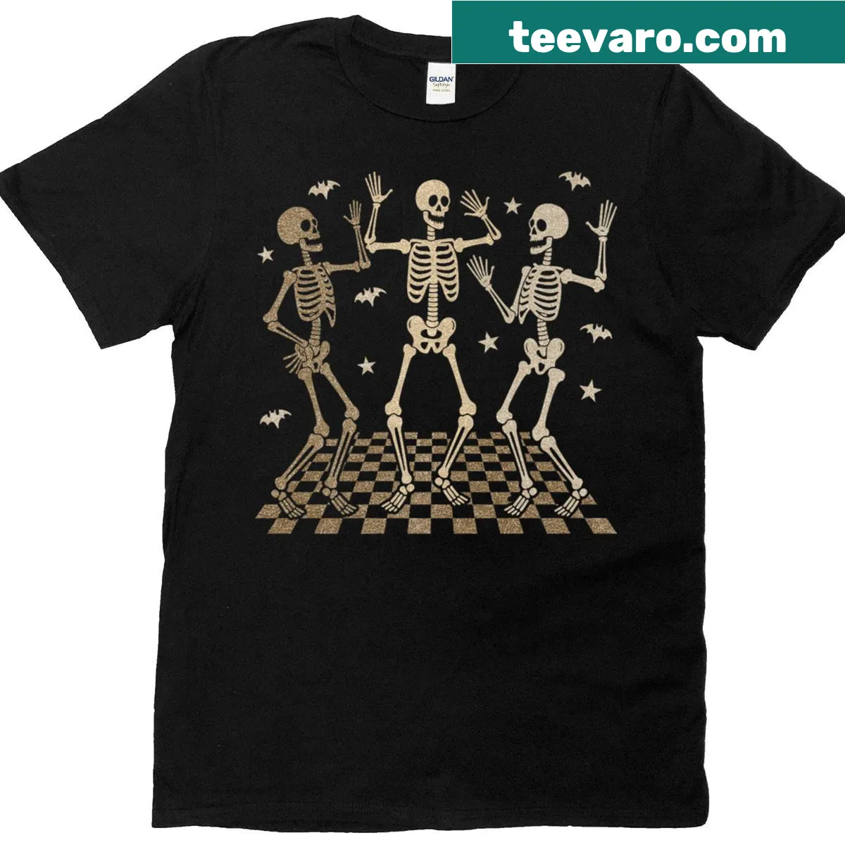 Whimsical graphic of dancing skeletons on Halloween t-shirt — on a men's t-shirt