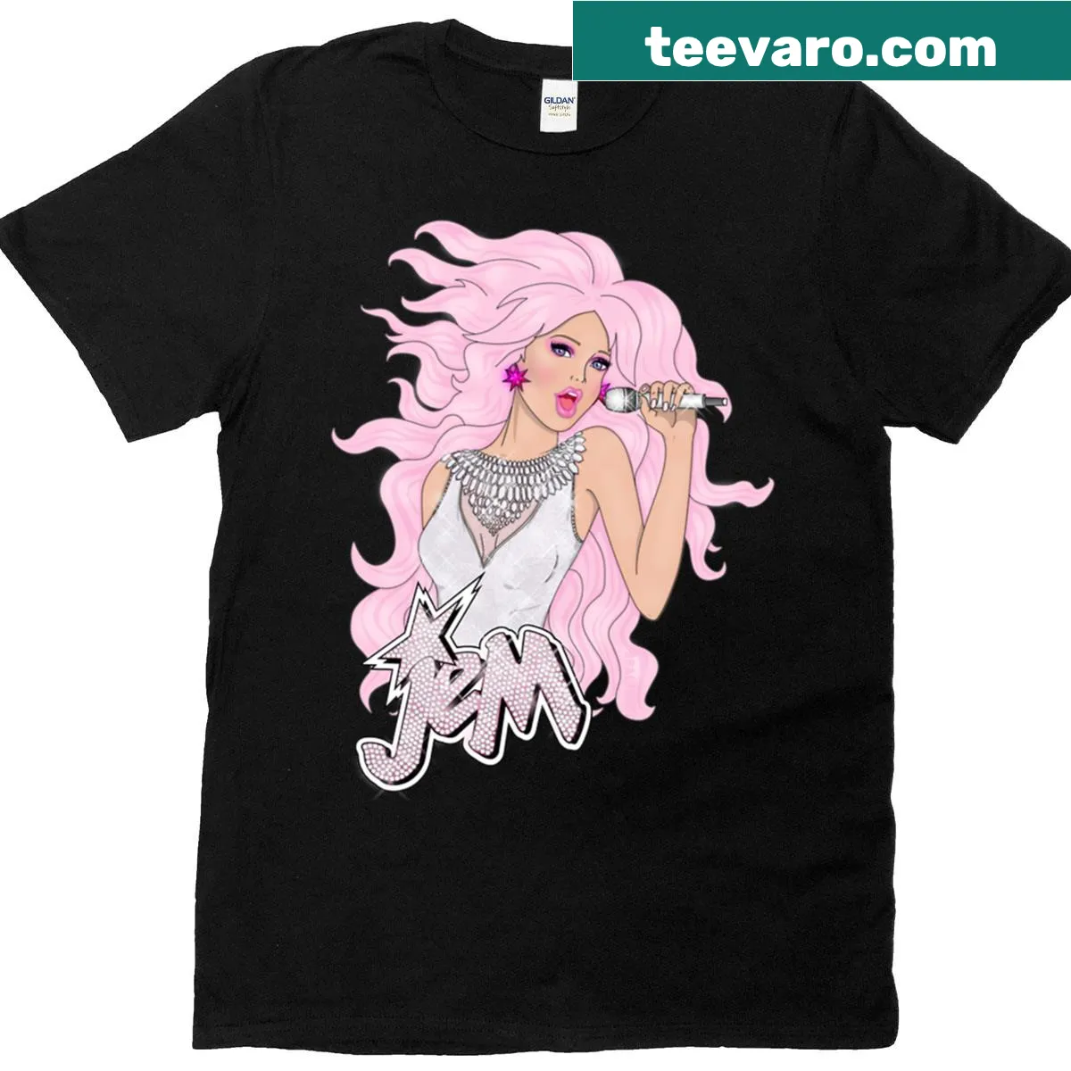 Retro Jem and the Holograms t-shirt with dazzling diamonds — on a men's t-shirt