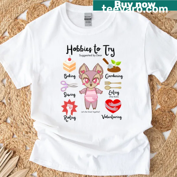 T-shirt with a list of hobbies illustrated in a fun style